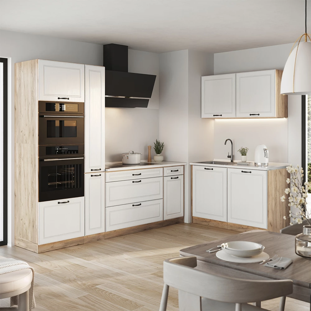Cucina angolare completa R-Line Bianco country/Rovere dorato 230 x 120 cm piano di lavoro Marmo Vicco