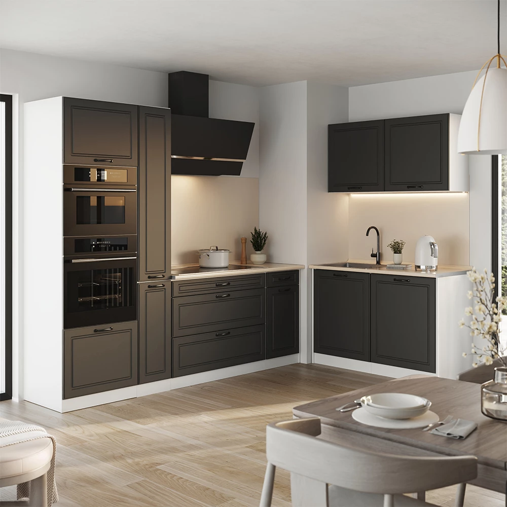 Cuisine en angle R-Line Anthracite campagne/Blanc 230 x 120 cm plan de travail Marbre Vicco