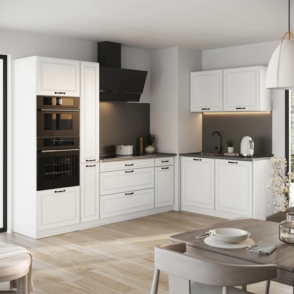 Cucina angolare completa R-Line Bianco country/Bianco 230 x 120 cm piano di lavoro Marmo Vicco