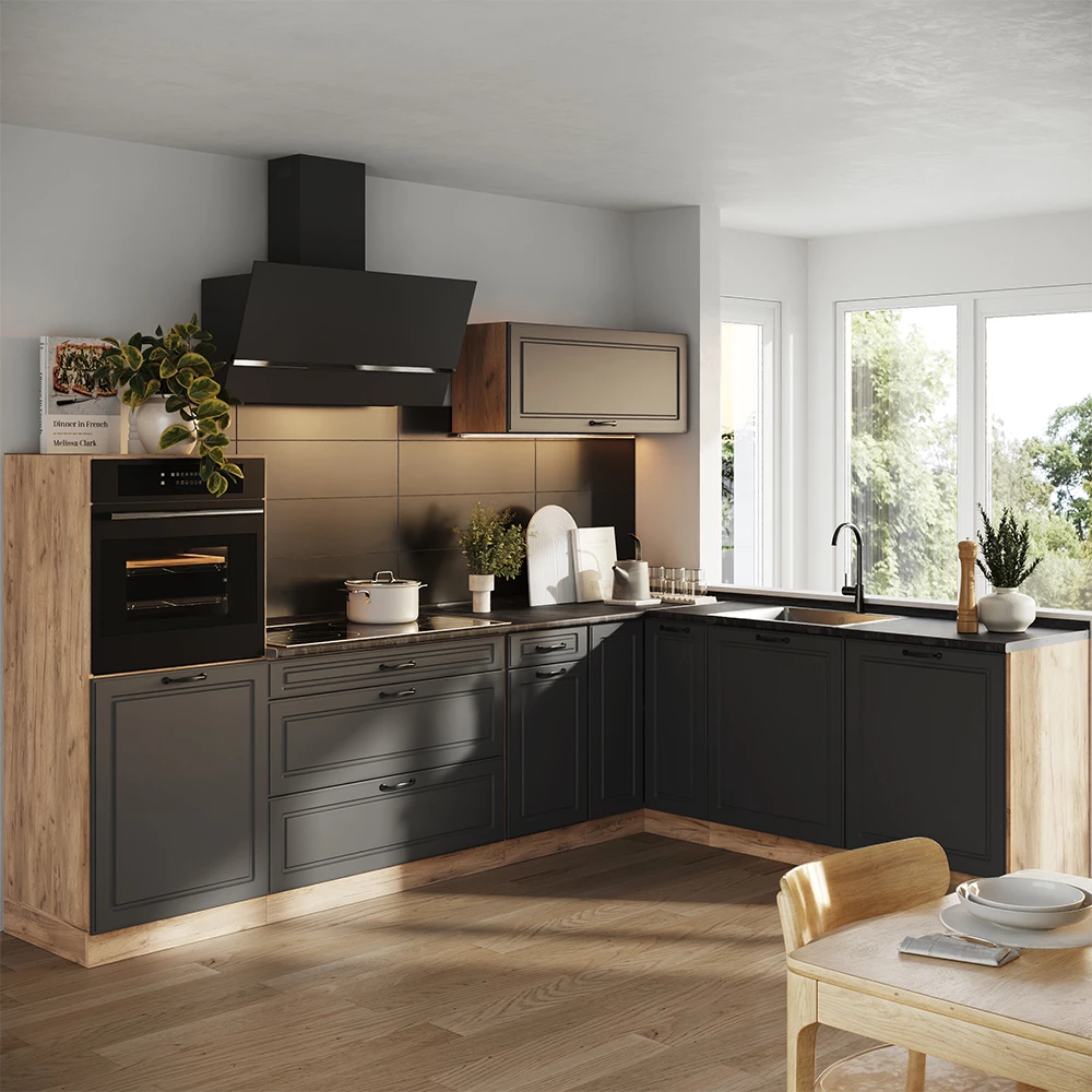 Cucina angolare completa R-Line Antracite country/Rovere dorato 287 x cm piano di lavoro Marmo Vicco