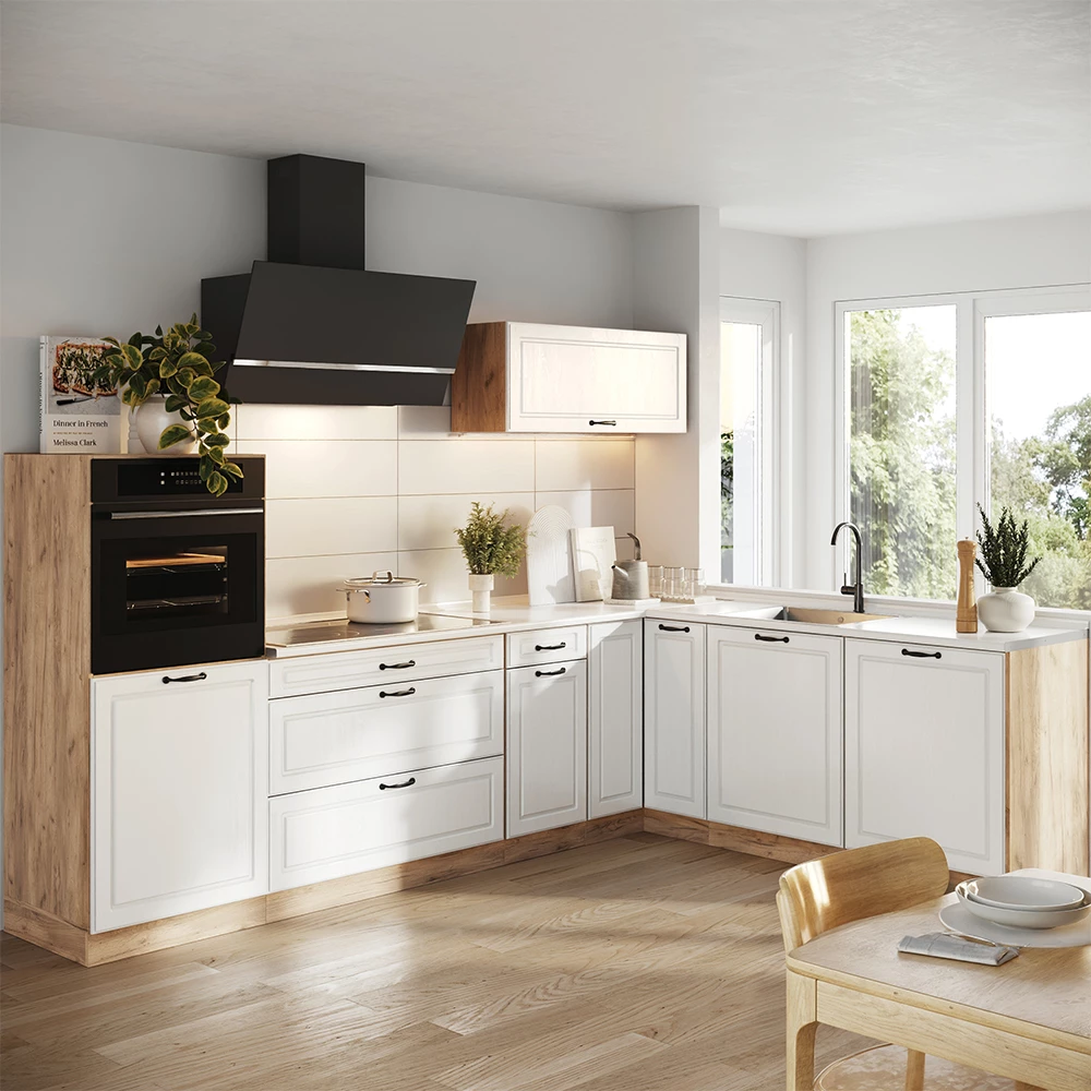 Cucina angolare completa R-Line Bianco country/Rovere dorato 287 x cm piano di lavoro Antracite Vicco