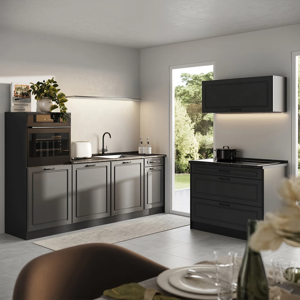 Cucina componibile R-Line Antracite country/Antracite 220 cm piano di lavoro Marmo Vicco