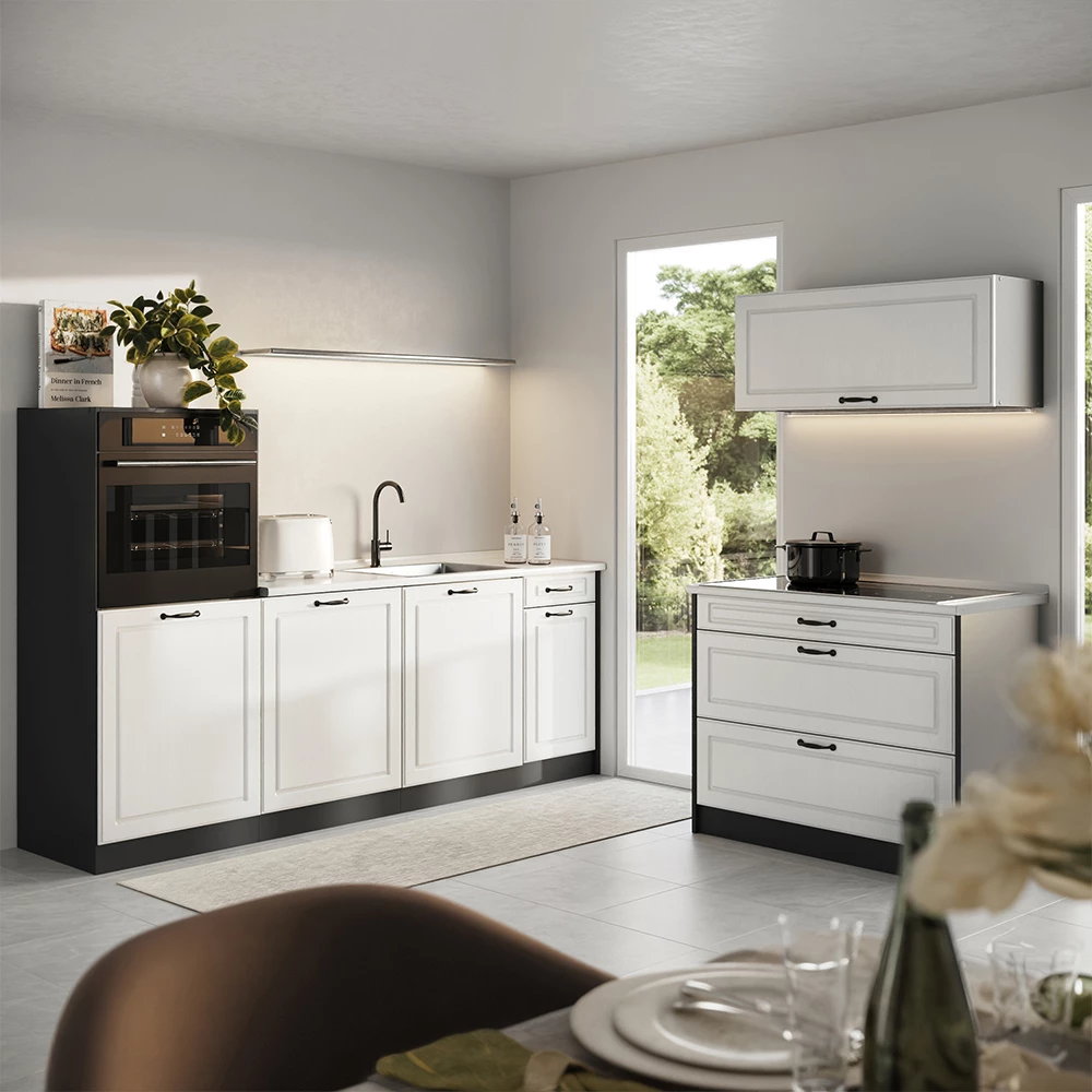 Cuisine R-Line Blanc campagne/Anthracite 220cm plan de travail Marbre Vicco