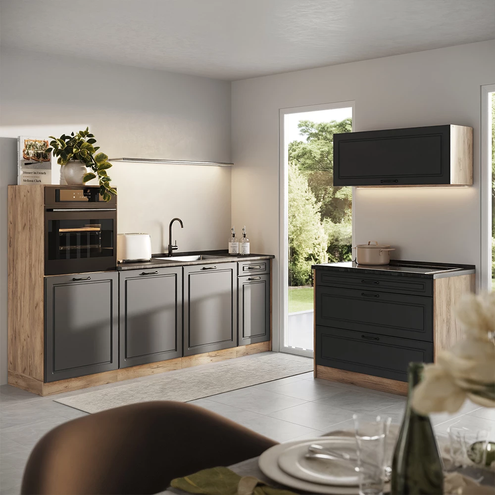 Cucina componibile R-Line Antracite country/Rovere dorato 220 cm piano di lavoro Marmo Vicco