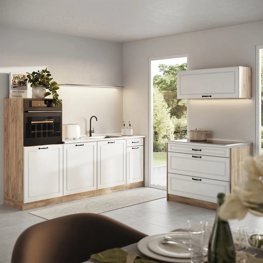 Cuisine R-Line Blanc campagne/Chêne doré 220cm sans plan de travail Vicco