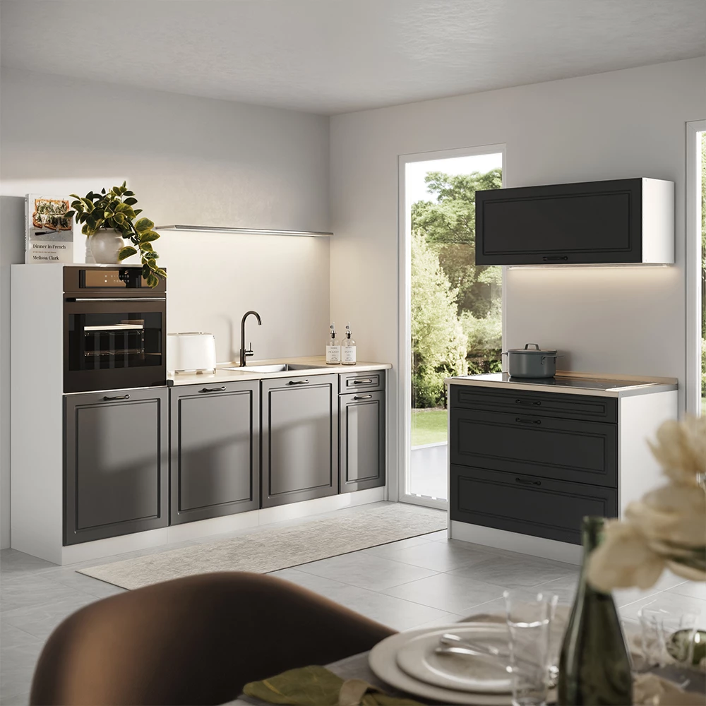 Cuisine R-Line Anthracite campagne/Blanc 220cm plan de travail Chêne doré Vicco