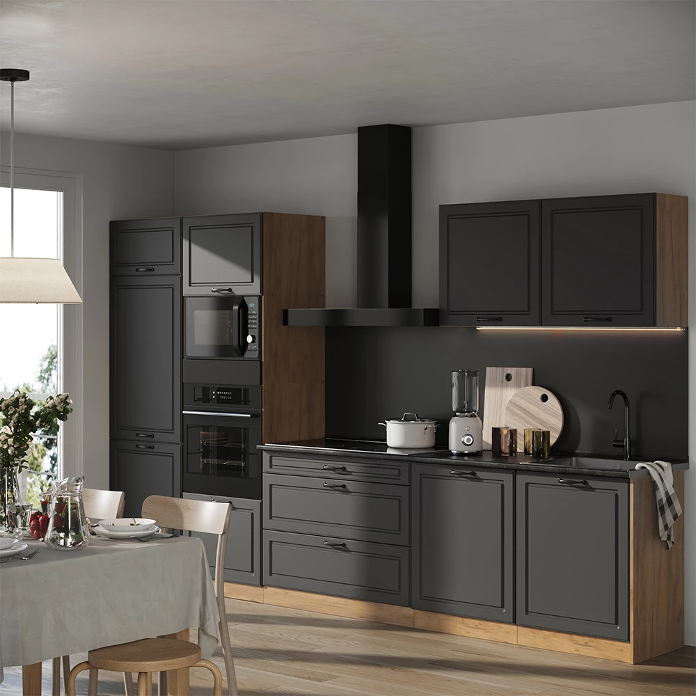 Keukeneenheid R-Line Antraciet landelijk/Goudkleurig Eiken 340 cm marmer werkblad Vicco