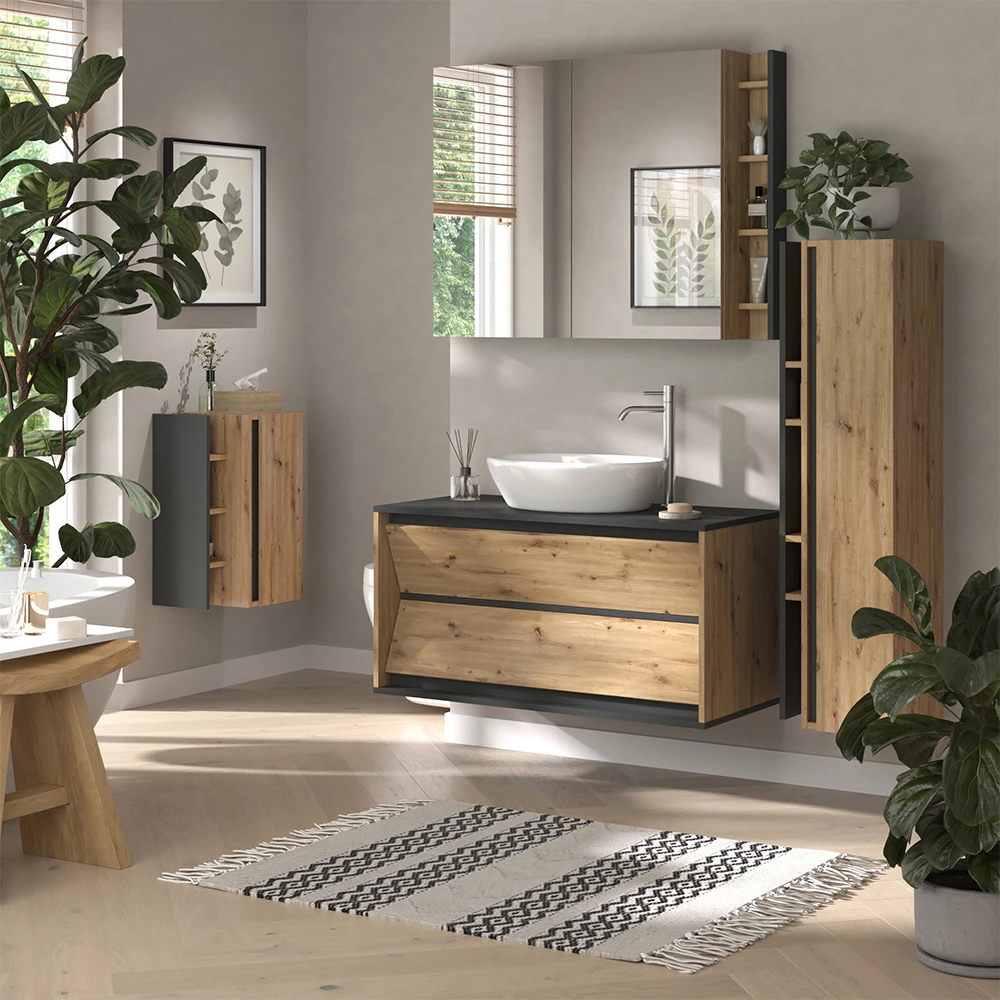 Badschrank Edelin Anthrazit/Artisan 35 x 120 cm mit 4 Ablagefächern Vicco № 30179