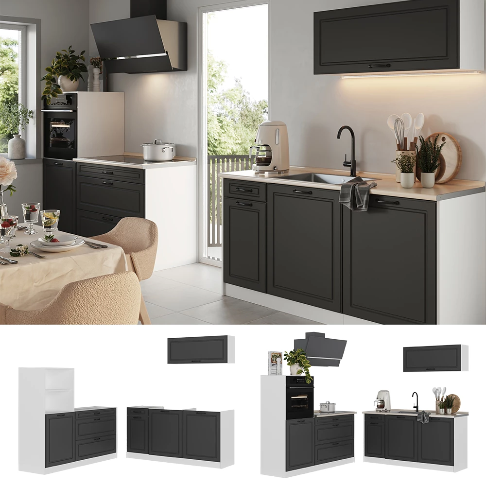 Küchenzeile R-Line Anthrazit Landhaus/Weiß 160 cm Arbeitsplatte Marmor Vicco