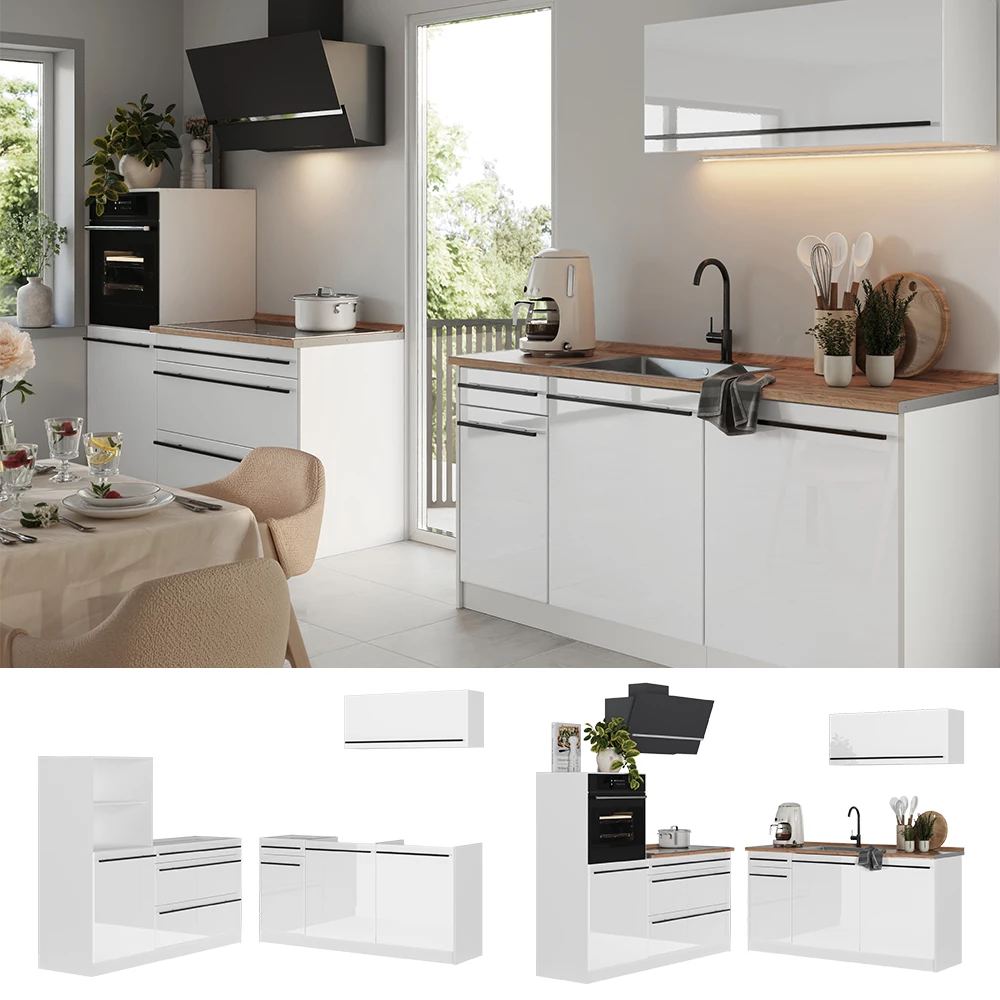 Küchenzeile R-Line Weiß Hochglanz/Weiß 160 cm Arbeitsplatte Anthrazit Vicco