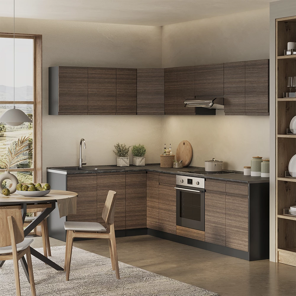 Cucina angolare completa R-Line Noce tabacco/Antracite 267 x 167 cm Vicco