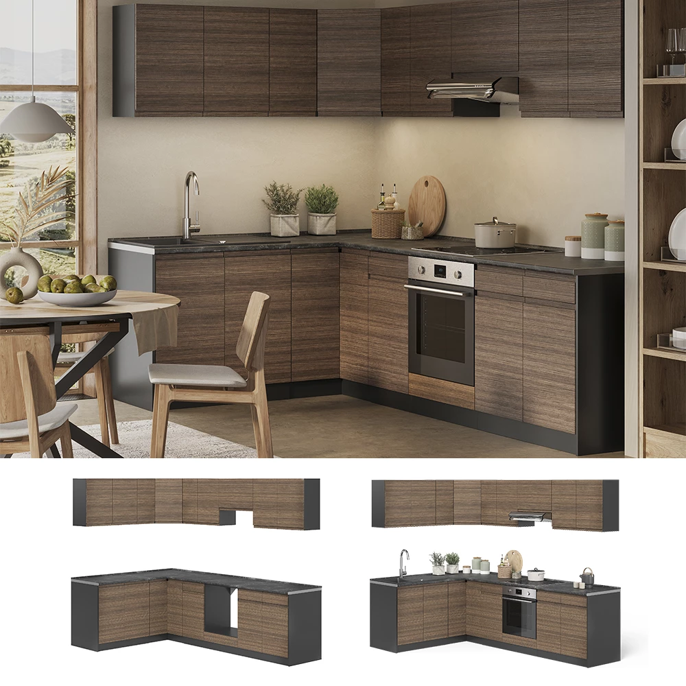 Cucina angolare completa R-Line Noce tabacco/Antracite 267 x 167 cm Vicco