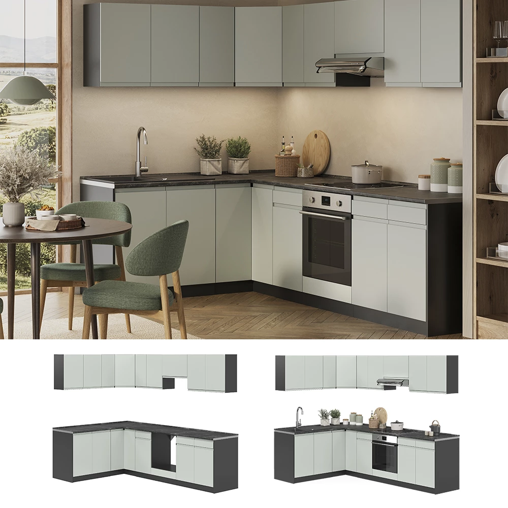 Cucina angolare completa R-Line Verde pastello/Antracite 267 x 167 cm Vicco