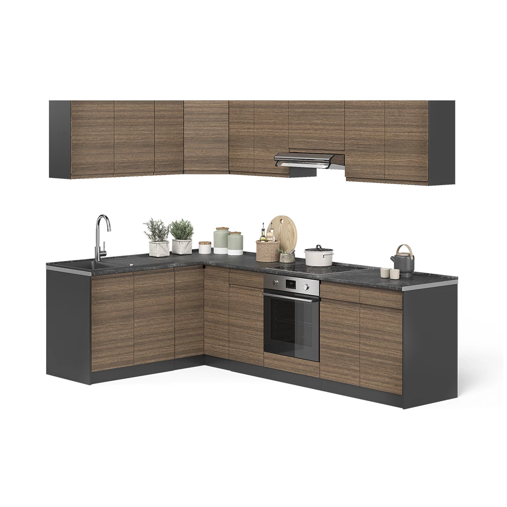 Cucina angolare completa R-Line Noce tabacco/Antracite 267 x 167 cm Vicco