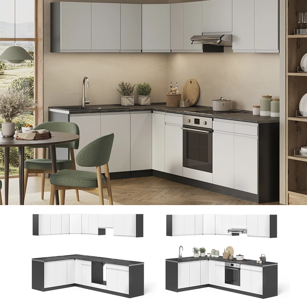 Eckküche R-Line Weiß/Anthrazit 267 x 167 cm Vicco