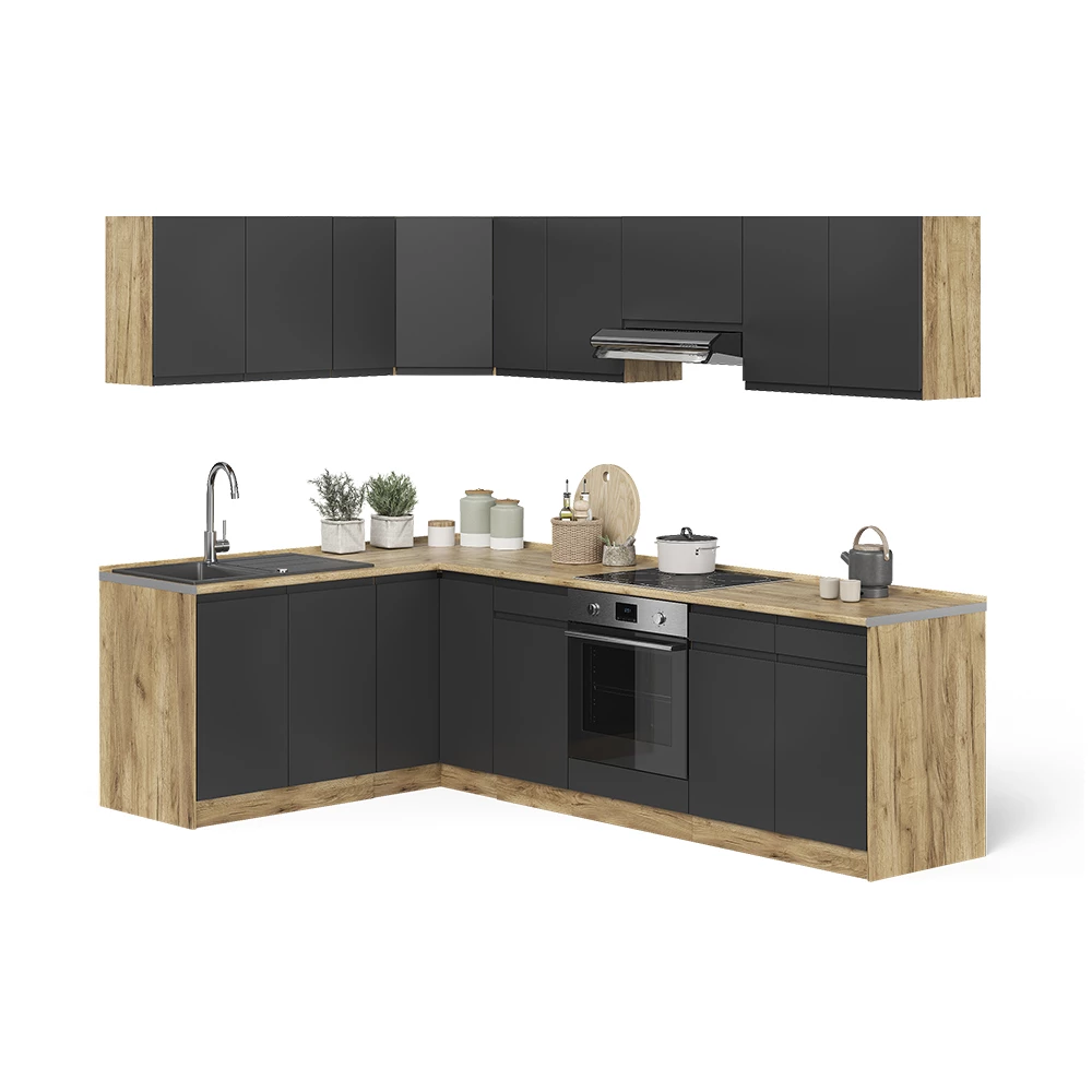 Cucina angolare completa R-Line Antracite/Rovere dorato 267 x 167 cm Vicco