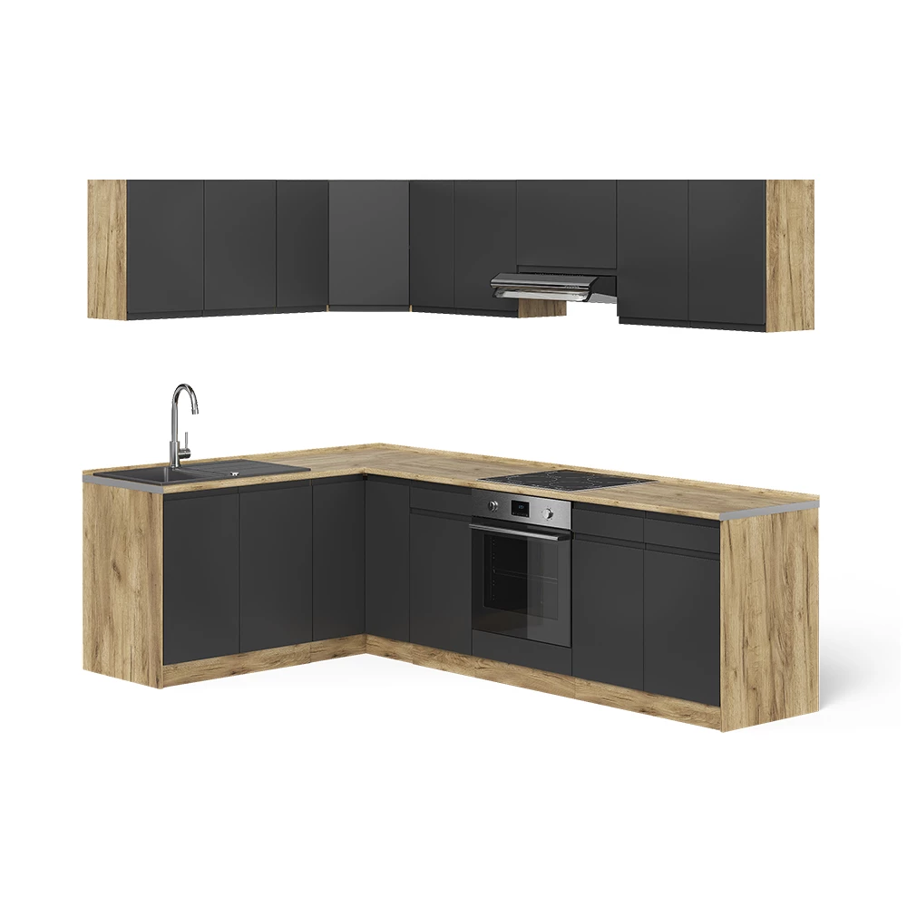 Cucina angolare completa R-Line Antracite/Rovere dorato 267 x 167 cm Vicco