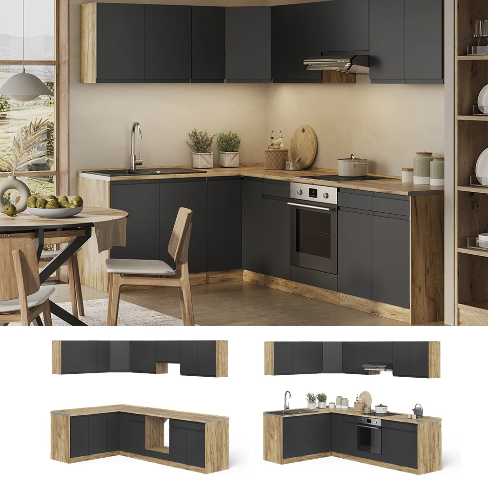 Cucina angolare completa R-Line Antracite/Rovere dorato 267 x 167 cm Vicco