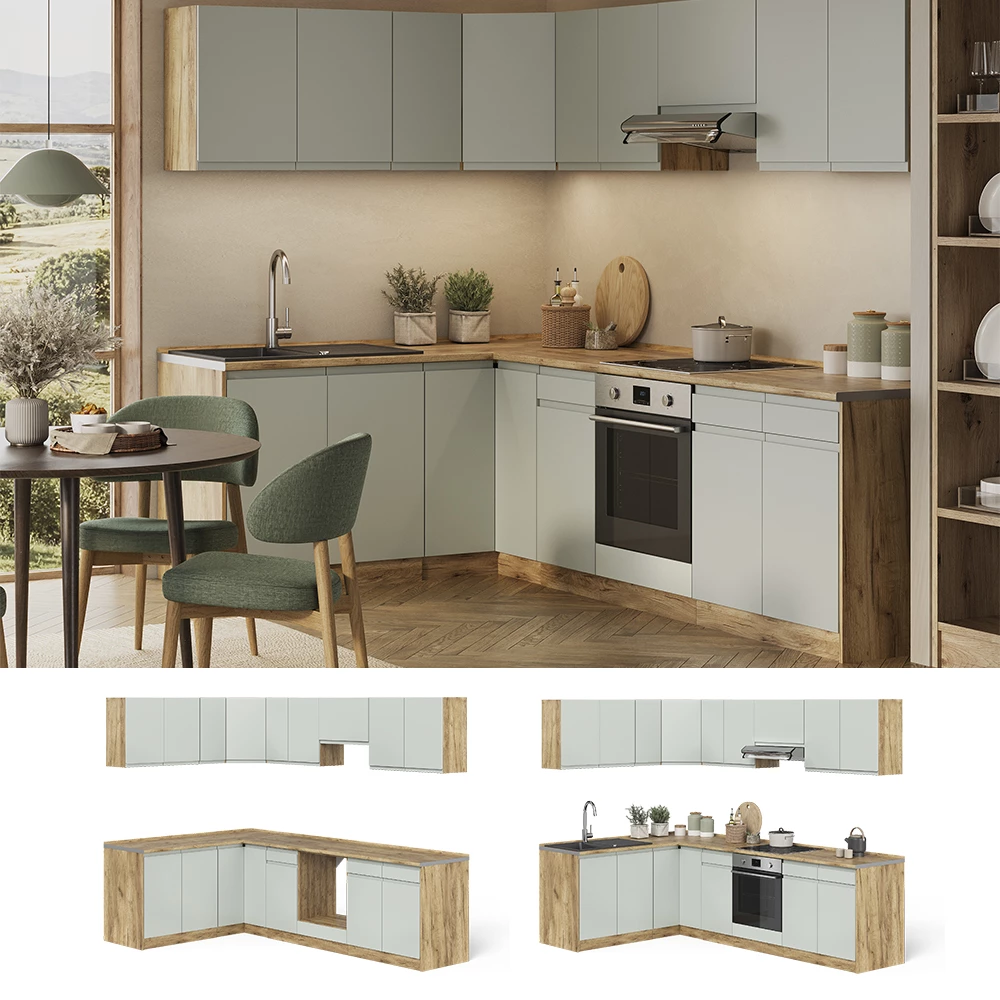 Hoekkeuken R-Line Pastelgroen/Goudkleurig Eiken 267 x 167 cm Vicco