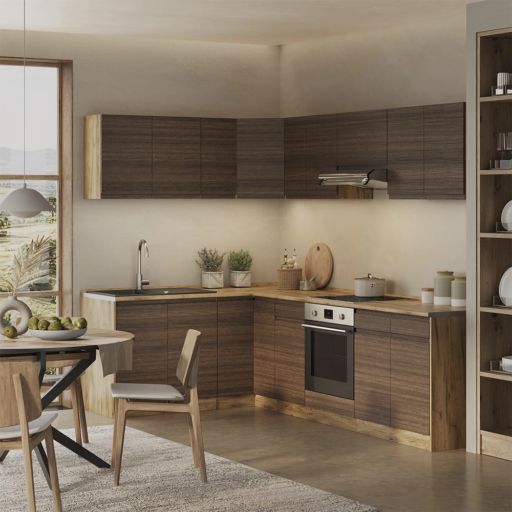 Cucina angolare completa R-Line Noce tabacco/Rovere dorato 267 x 167 cm Vicco