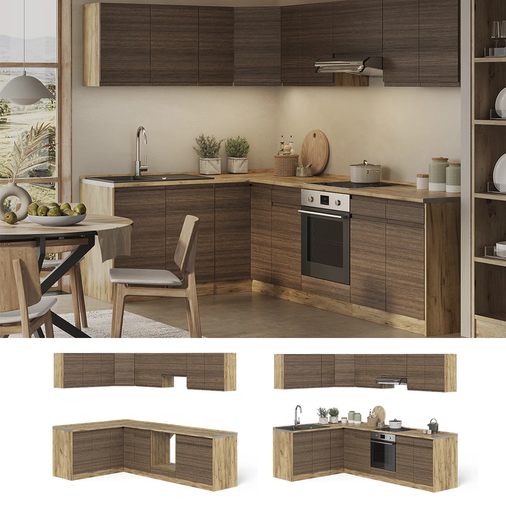 Cucina angolare completa R-Line Noce tabacco/Rovere dorato 267 x 167 cm Vicco