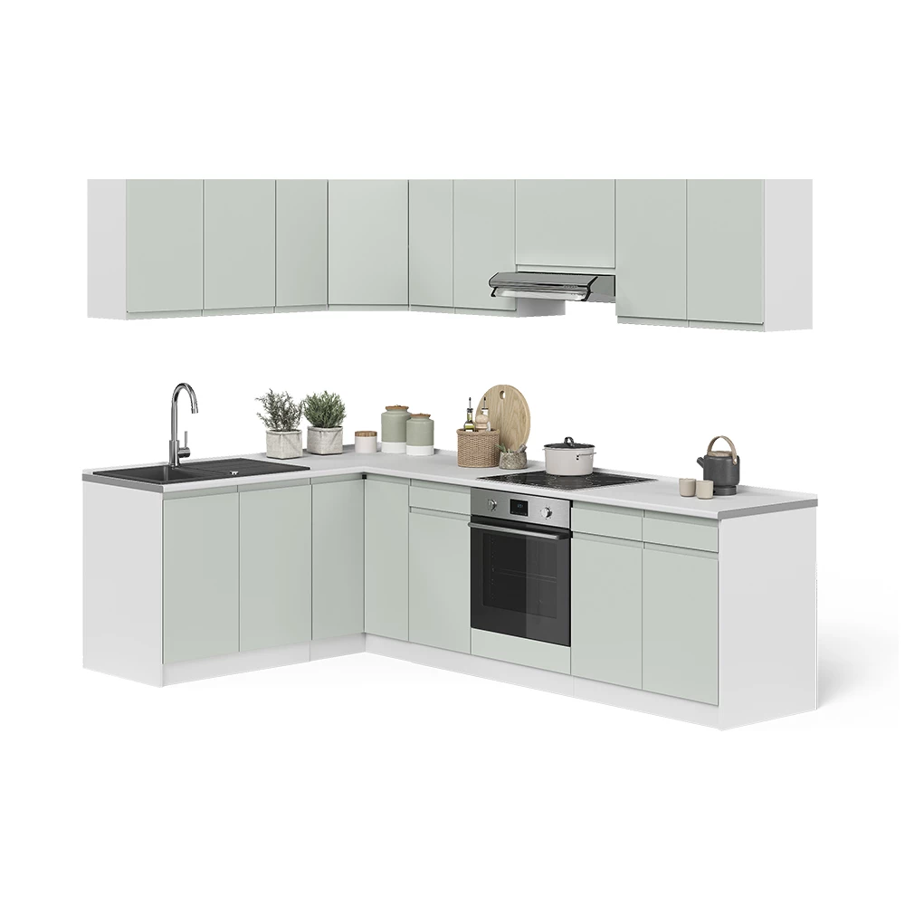 Cucina angolare completa R-Line Verde pastello/Bianco 267 x 167 cm Vicco
