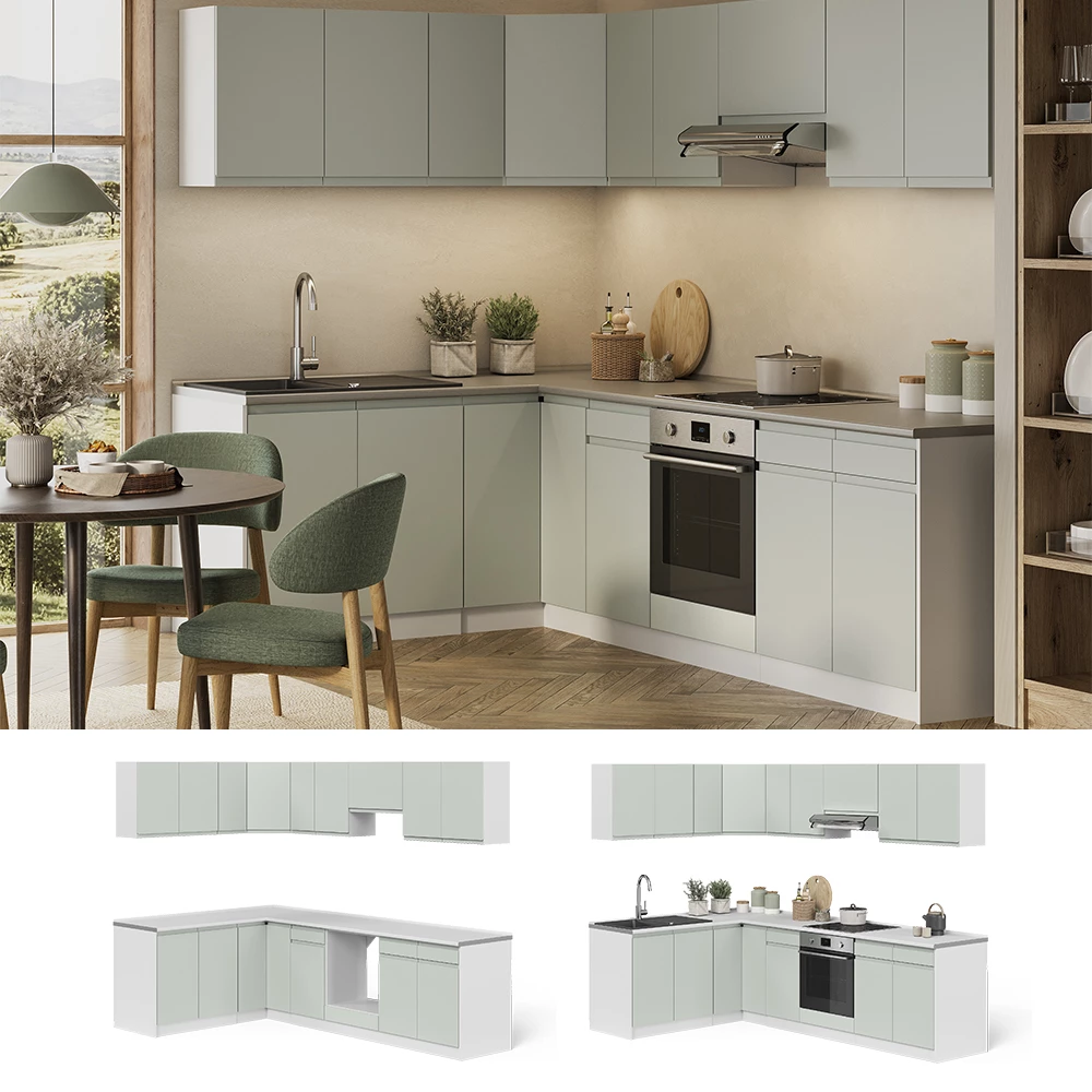 Cucina angolare completa R-Line Verde pastello/Bianco 267 x 167 cm Vicco