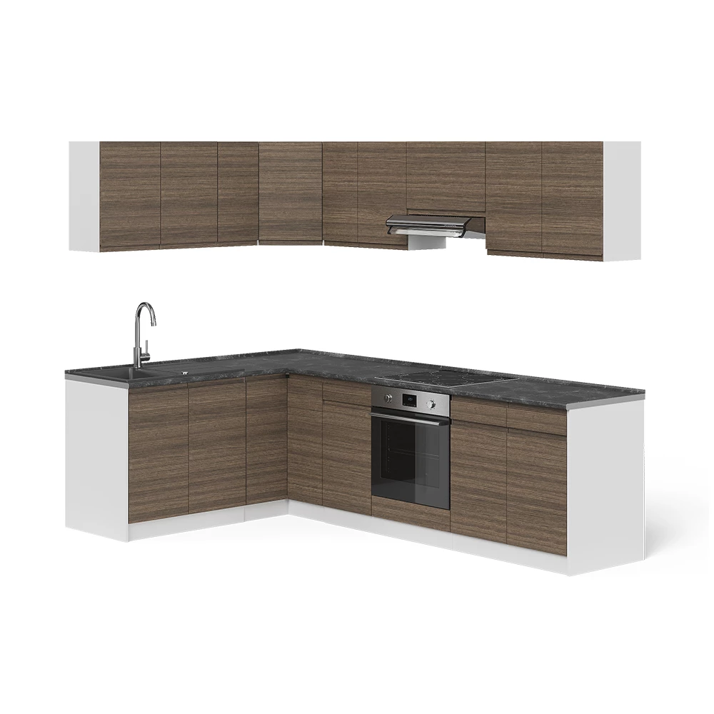 Cucina angolare completa R-Line Noce tabacco/Bianco 267 x 167 cm Vicco