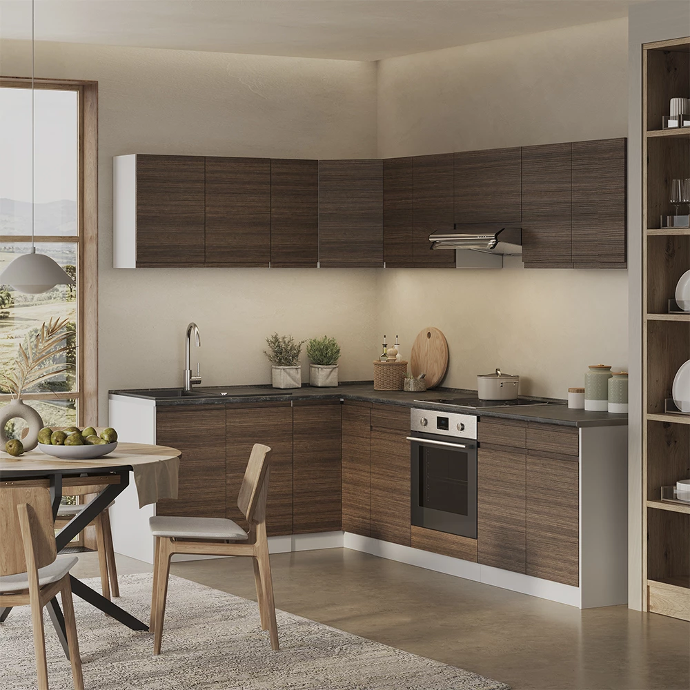 Cucina angolare completa R-Line Noce tabacco/Bianco 267 x 167 cm Vicco