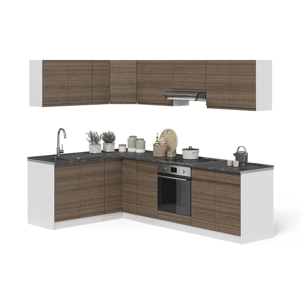 Cucina angolare completa R-Line Noce tabacco/Bianco 267 x 167 cm Vicco