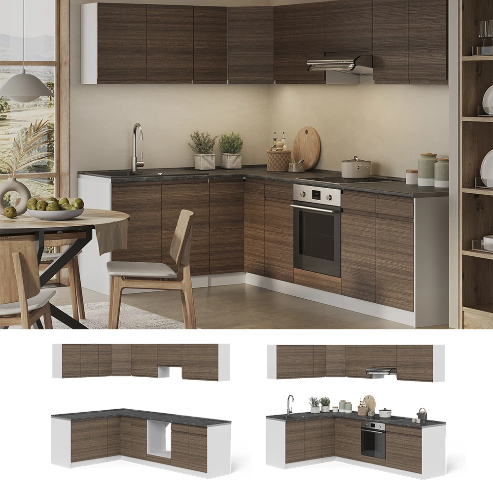 Cucina angolare completa R-Line Noce tabacco/Bianco 267 x 167 cm Vicco